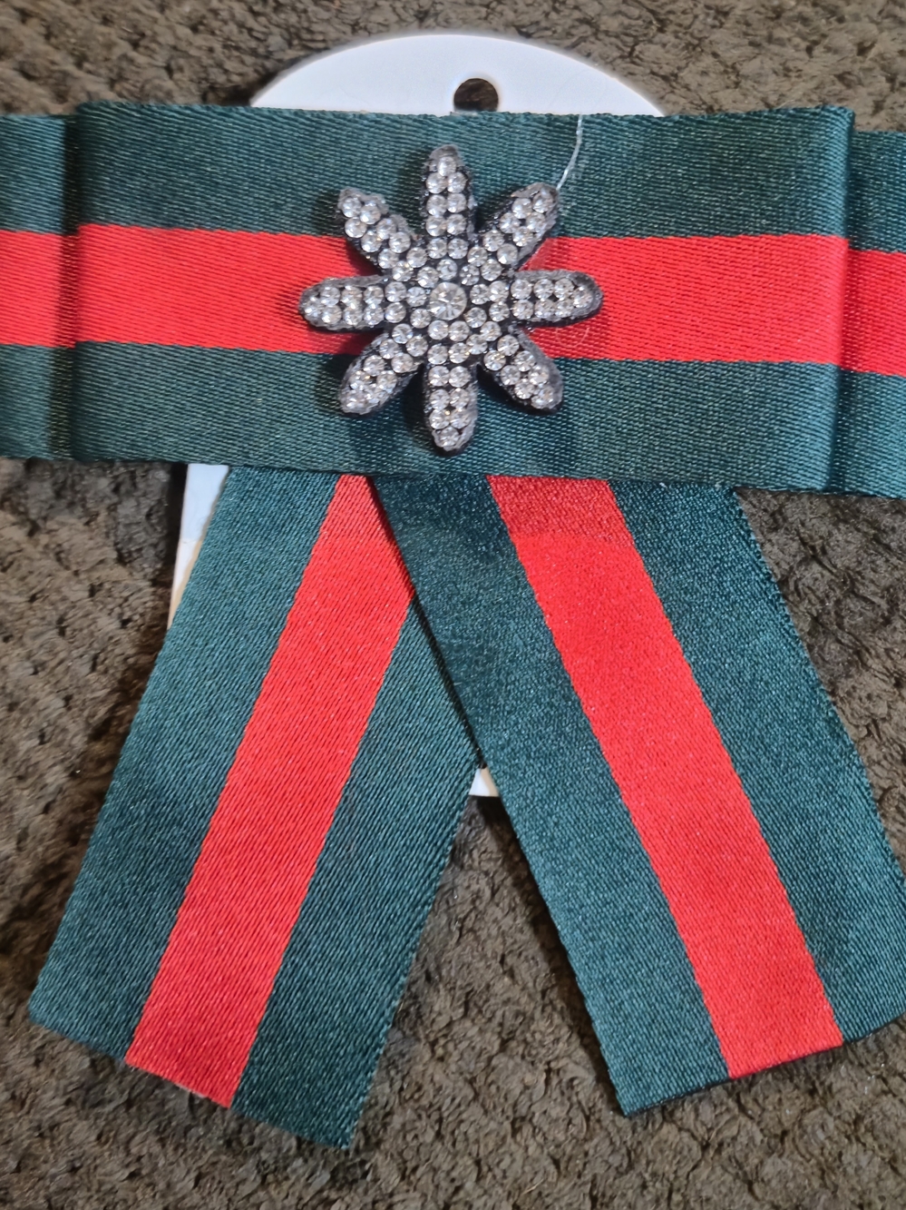 Green and Red Ribbon Brooch with Crystal Flower Accent